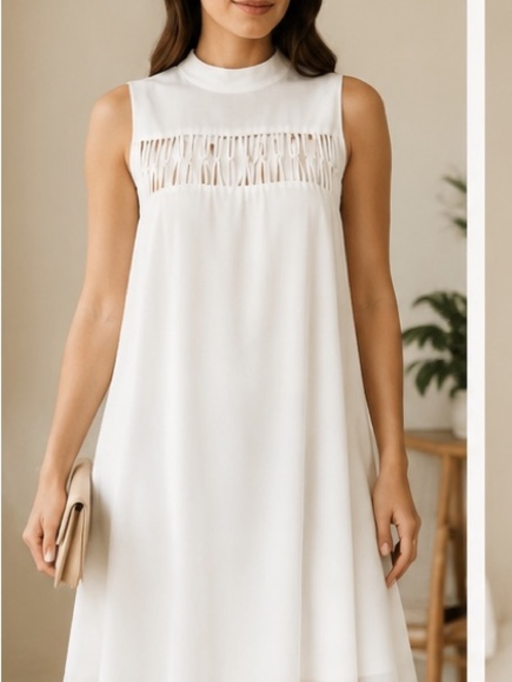 Elegante Ivory Sleeveless A-Line Dress, Mock Neck, Woven Detail, Size L. - Picture 1 of 4